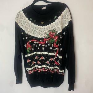 Vintage Land & Sea Ugly Christmas Puff Paint Sweatshirt Black Women’s XL